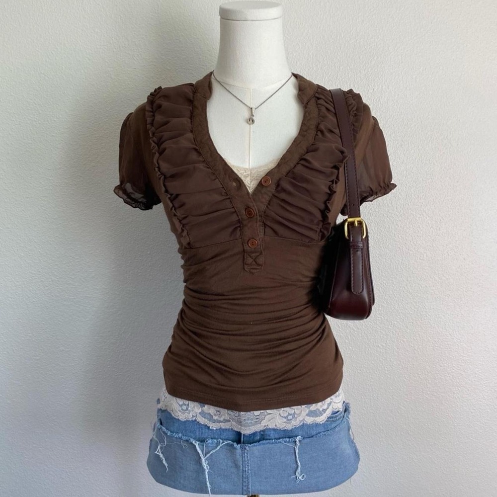 Y2K Mine Brown Puff Sleeve Ruffle Peasant Blouse Slim Fit Buttons Sheer Sleeves